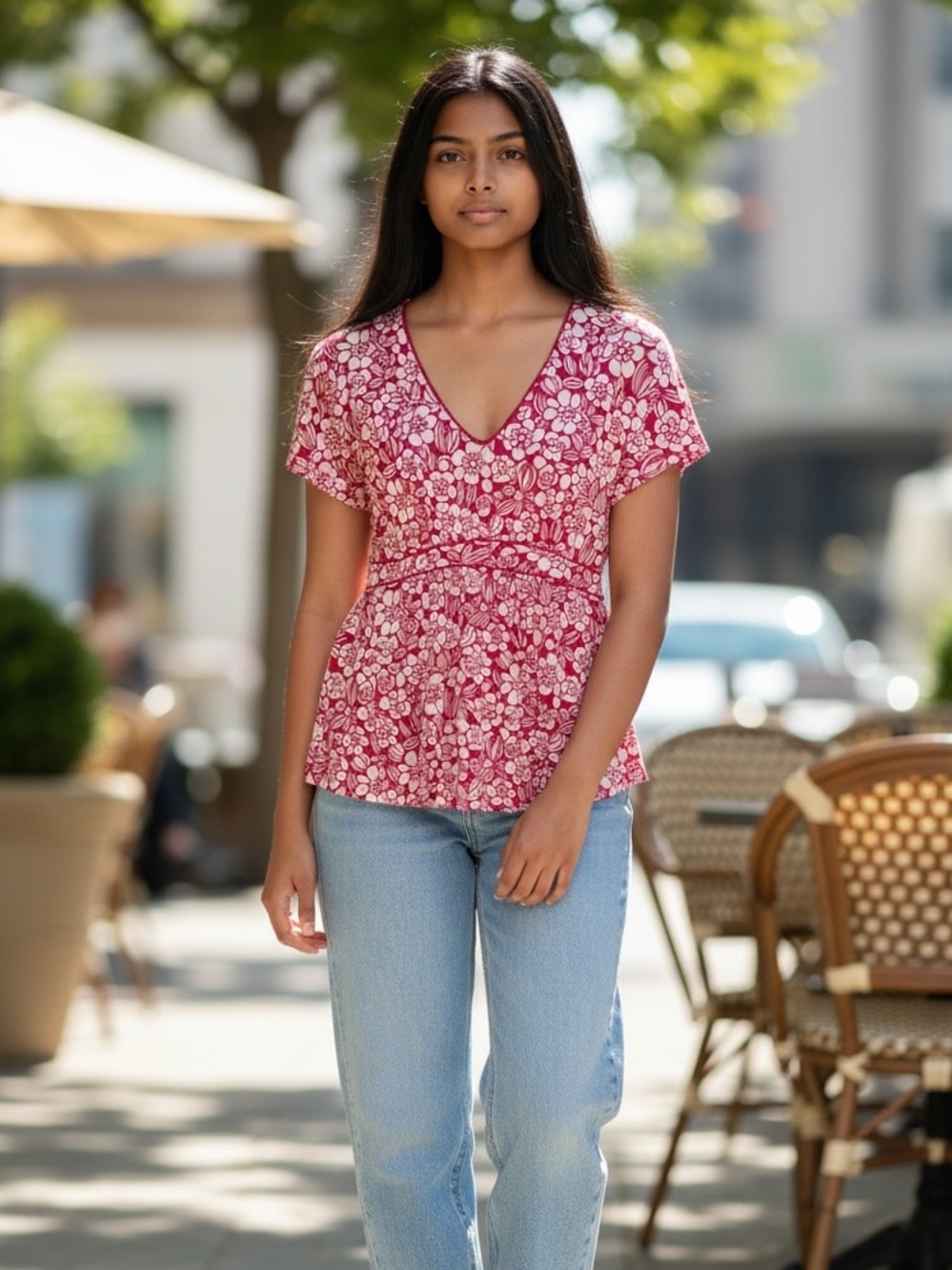 Boden Women's Pink White Floral V-Neck Short Sleeve A-Line Top Size 10